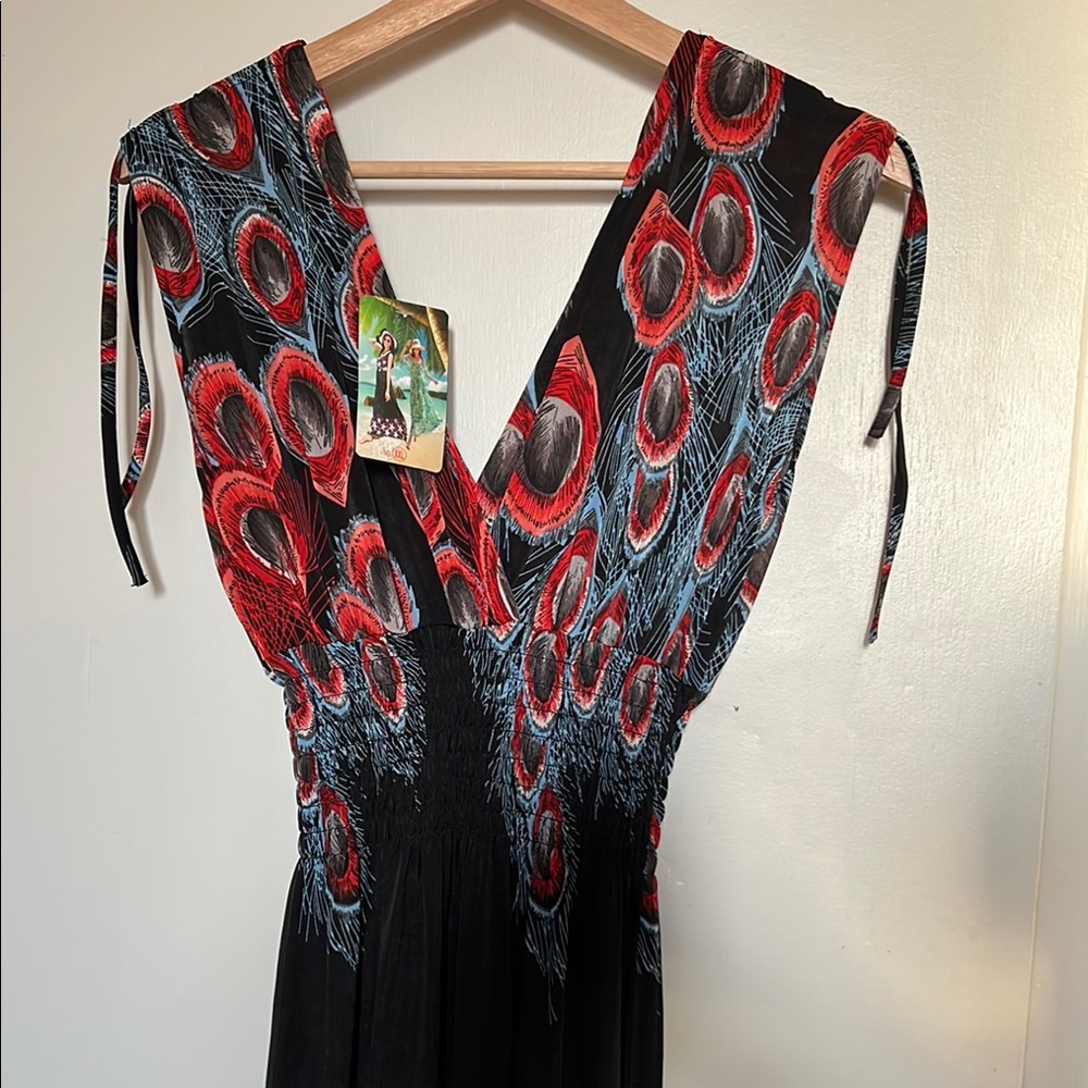 Elegant Black and Red Peacock Print Dress